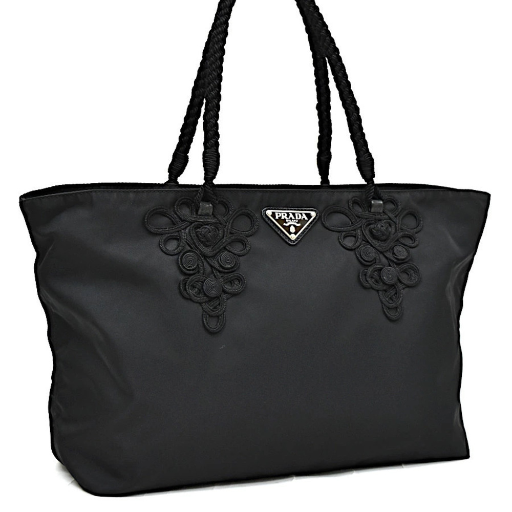 Prada Tote Tessuto Saffiano Bag Plate Cord Embroidery Triangle Black
